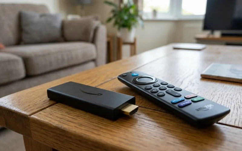 Amazon Fire TV Stick 4K Max 2nd Gen streaming device and Alexa voice remote on a living room table