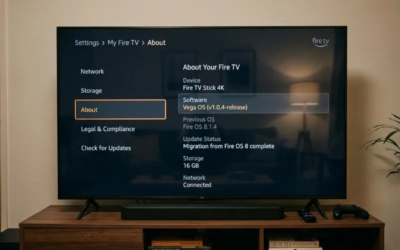Fire TV screen showing the Settings About page displaying Vega OS software version versus Fire OS 8