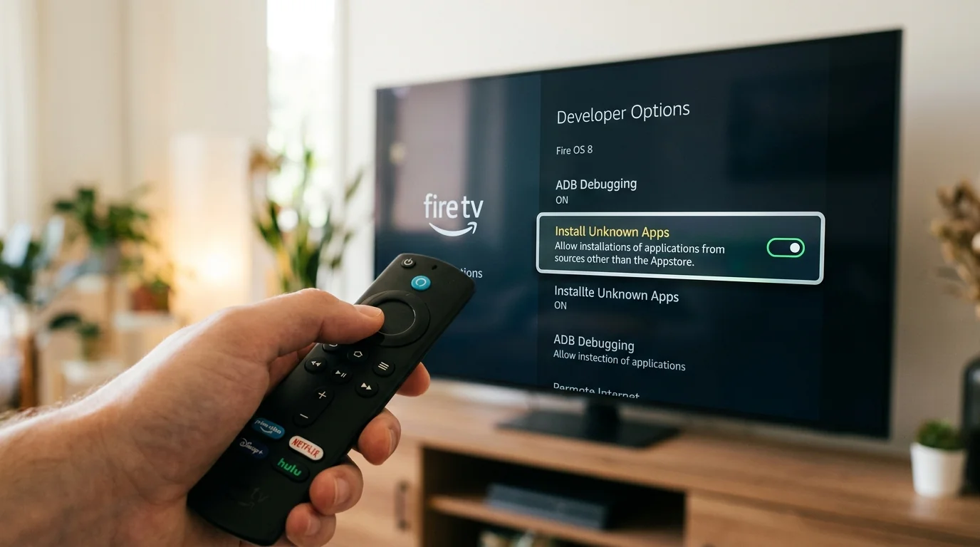 Fire TV Developer Options settings screen enabling Install Unknown Apps
