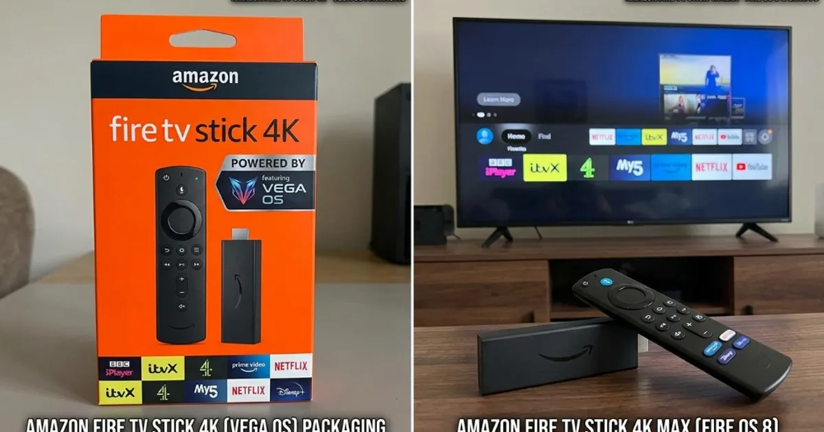 Split comparison showing Amazon Fire TV Stick 4K Vega OS packaging alongside the Fire TV Stick 4K Max Fire OS 8 stick with UK streaming apps