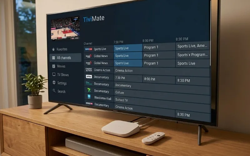 Google TV Streamer 4K device connected to television displaying TiviMate IPTV player interface
