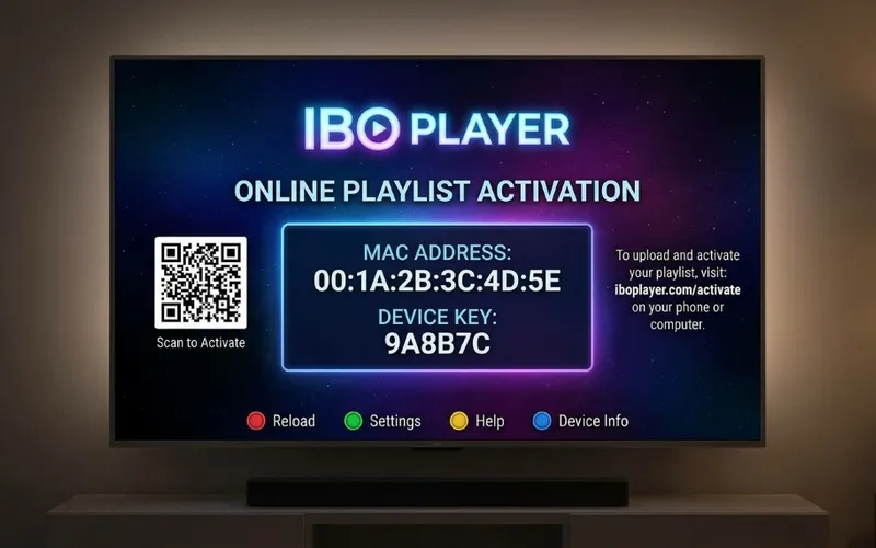 IBO Player splash screen displaying TV MAC address and device key for online playlist activation