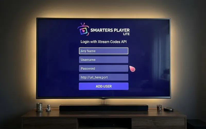 Smarters Player Lite login screen on LG webOS Smart TV showing Xtream Codes API input fields
