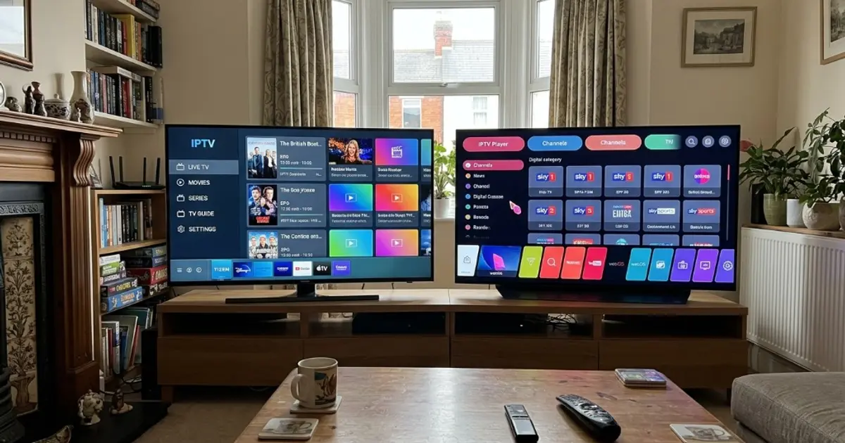Samsung Tizen and LG webOS Smart TVs side by side displaying modern IPTV media player interfaces in a UK living room