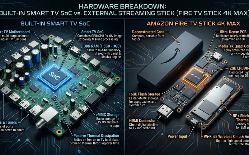 Visual hardware breakdown comparing a built-in Smart TV SoC processor with an external Amazon Fire TV Stick 4K Max