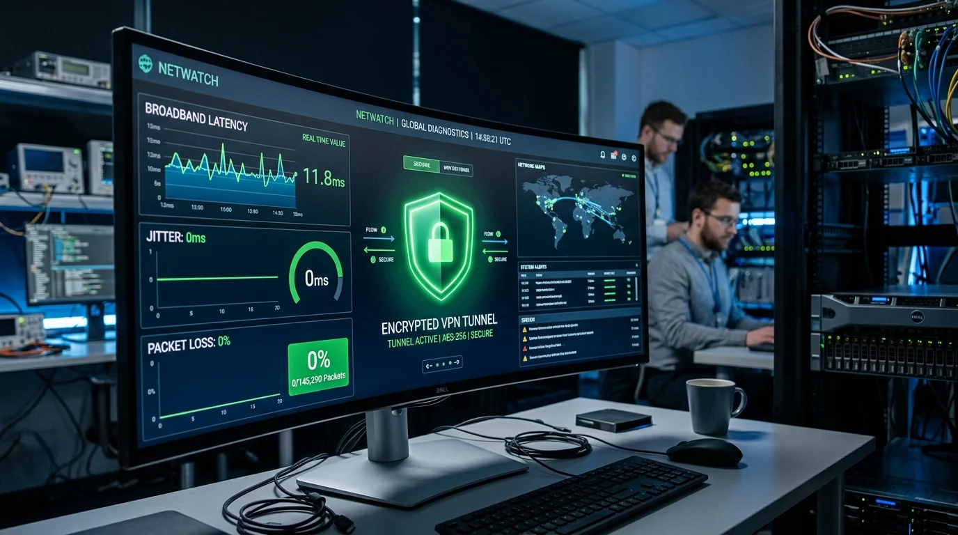 Network diagnostic dashboard showing latency ping jitter analysis and encrypted VPN tunnel