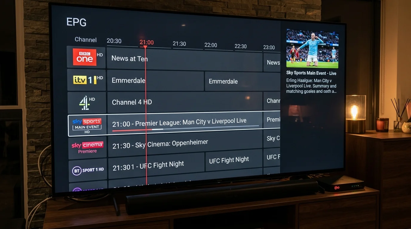 Modern electronic program guide EPG TV timeline grid displaying UK sports channels