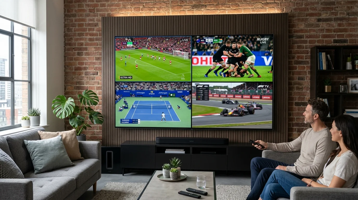Quad-screen multi-view video player mode streaming 4 live sports matches on 75 inch smart TV