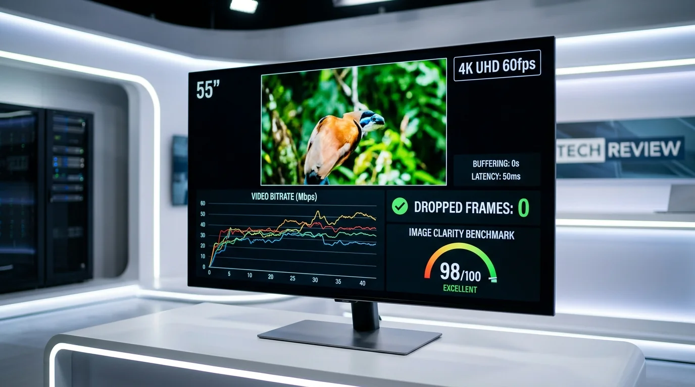 Digital broadcast diagnostic benchmark measuring 4K 60fps bitrate and zero packet loss